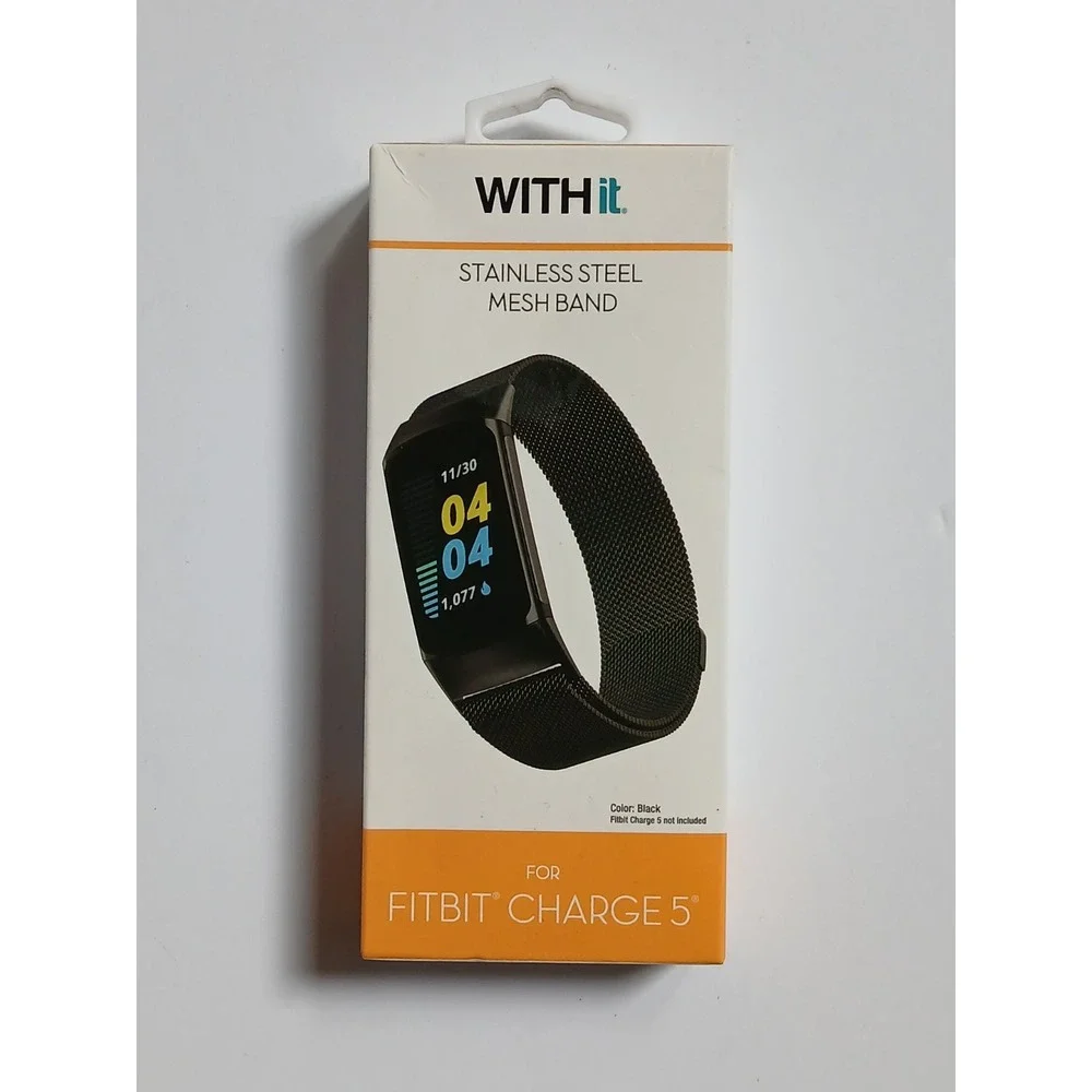 With It Stainless Steel Black Mesh Band for Fitbit Charge 5. NEW!
